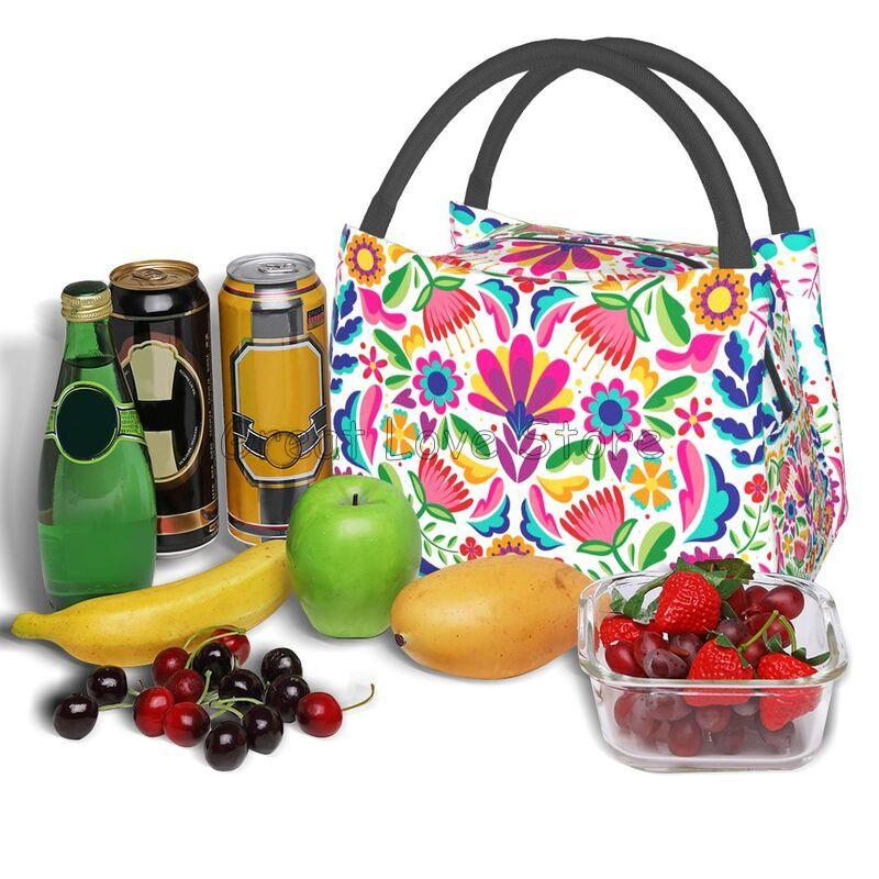 Mexikanische Blumen Florale Kunst Thermische Lunchtasche Damen Tragbar Isoliert Kühlertasche für Picknick Strand Arbeit Wiederverwendbare Brotdosen Taschen