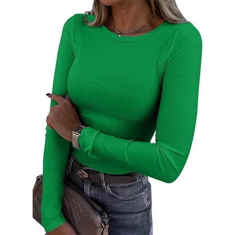 New women's long-sleeve stretch round-neck ribbed shirt, slim-fit casual basic top