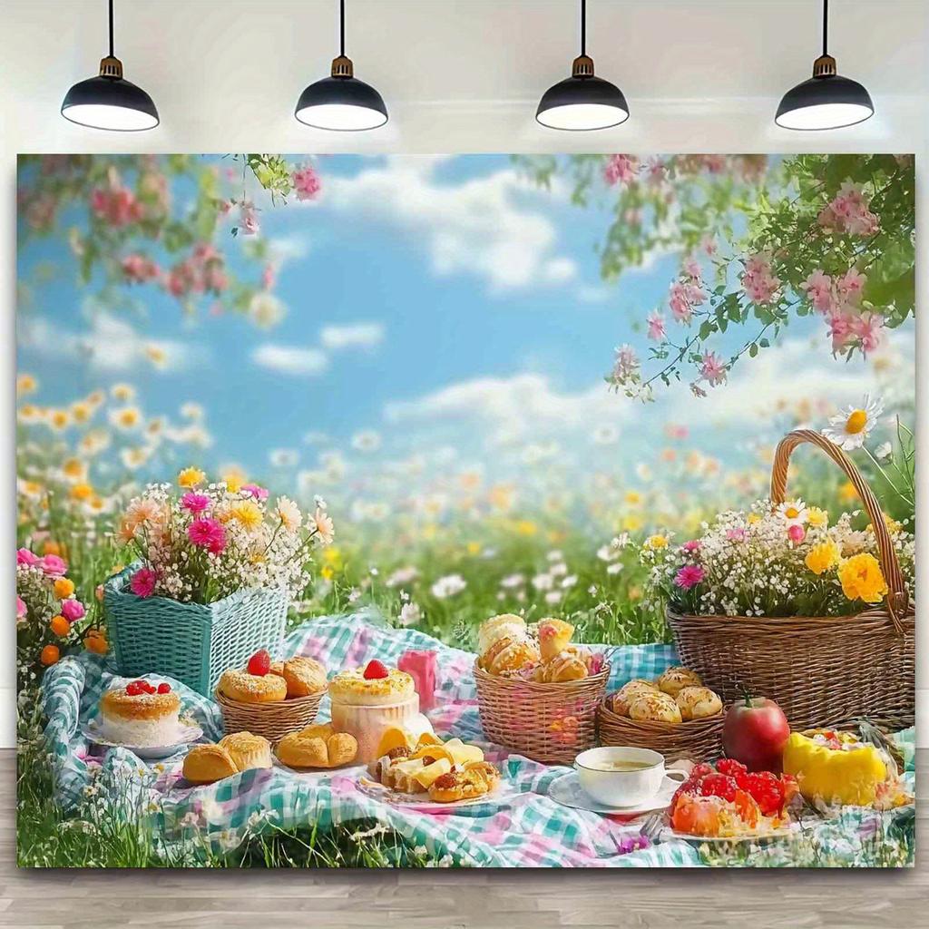 One spring picnic backdrop banner with lush flower patterns and a colorful napkin is perfect for outdoor activities.