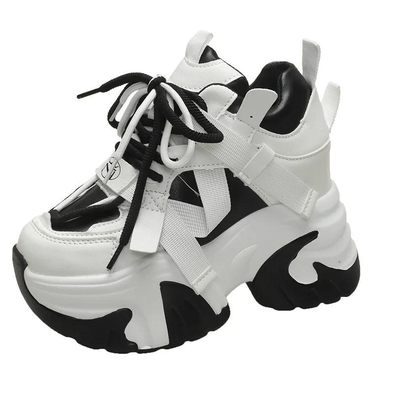 Fashion Women High Platform Casual Leather Shoes 2025 New Autumn Lace-up Chunky Sneakers 10.5cm Wedges Hidden Heels Leisure Shoes Woman
