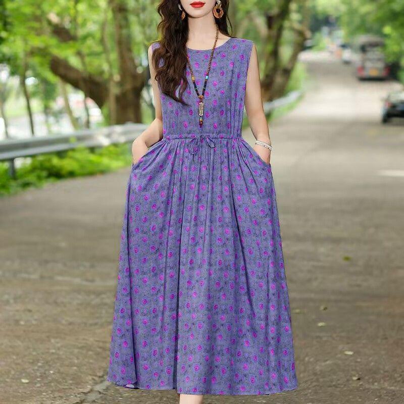 New Summer Floral Cotton-Silk Sleeveless Dress - Plus Size, Loose Fit, Slimming, Vacation Style Mom’s Long Dress