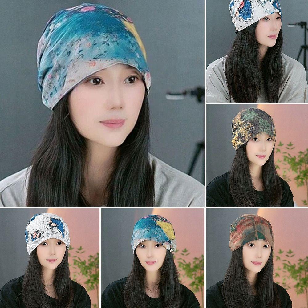 Double-sided Beanie Cap Oil Painting Style Cover Head Cap Fashion Slouchy Hat for Women