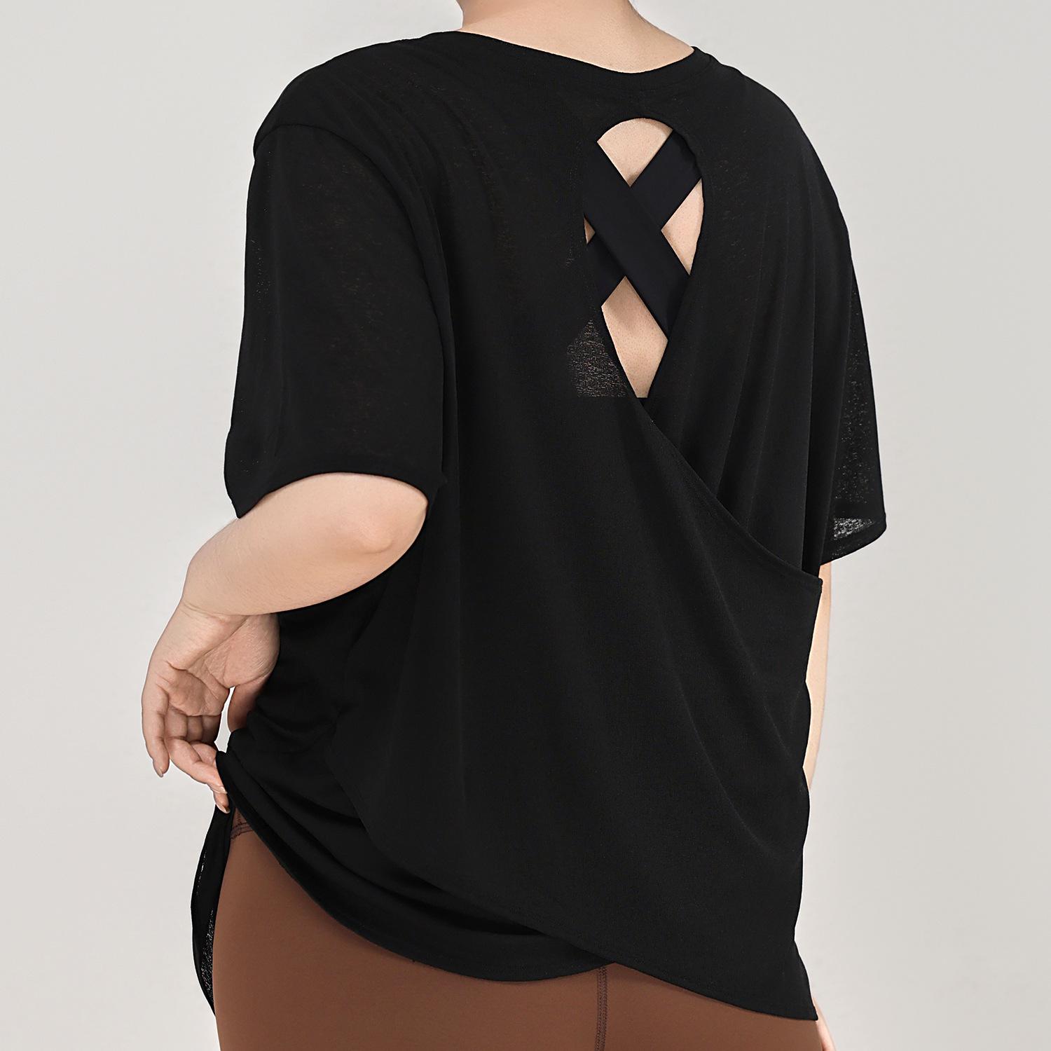 

Women s Plus Size Bamboo Slub Yoga Cover-Up: Hollow Back, Short Sleeve, Slim Fit, Breathable Fitness Top 3XL