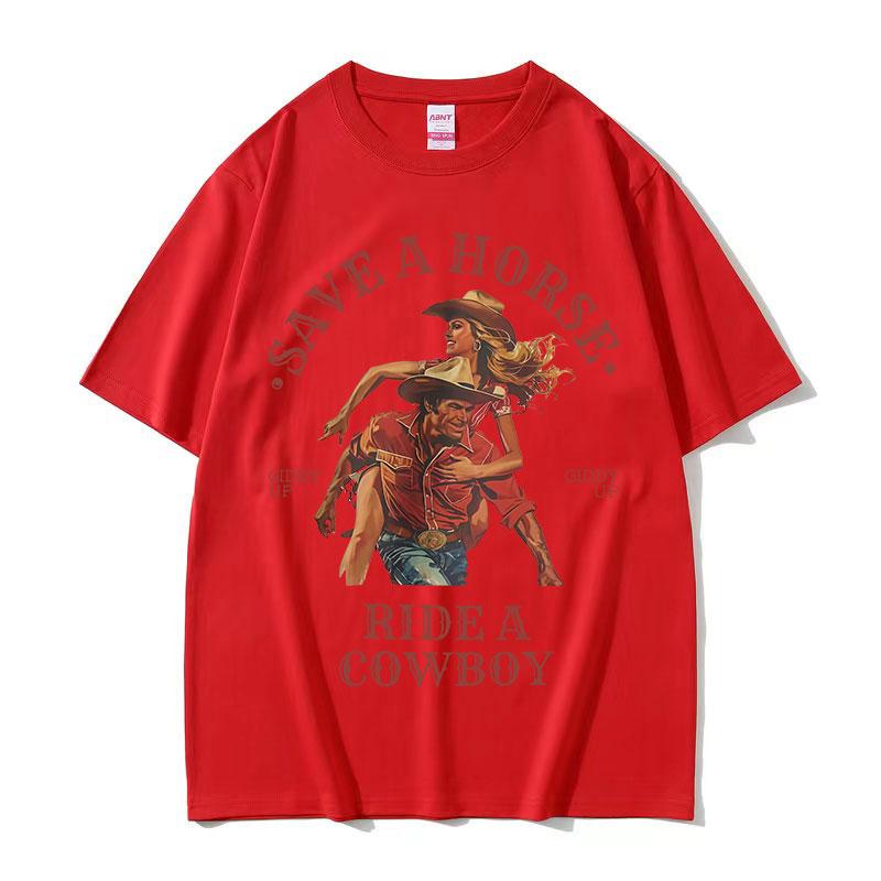 

Save A Horse Ride A Cowboy Принт Футболка Мужская Женская Харадзюку Мода Винтажная Футболки с Круглым Вырезом Повседневная 100% Хлопок Оверсайз Футболка S