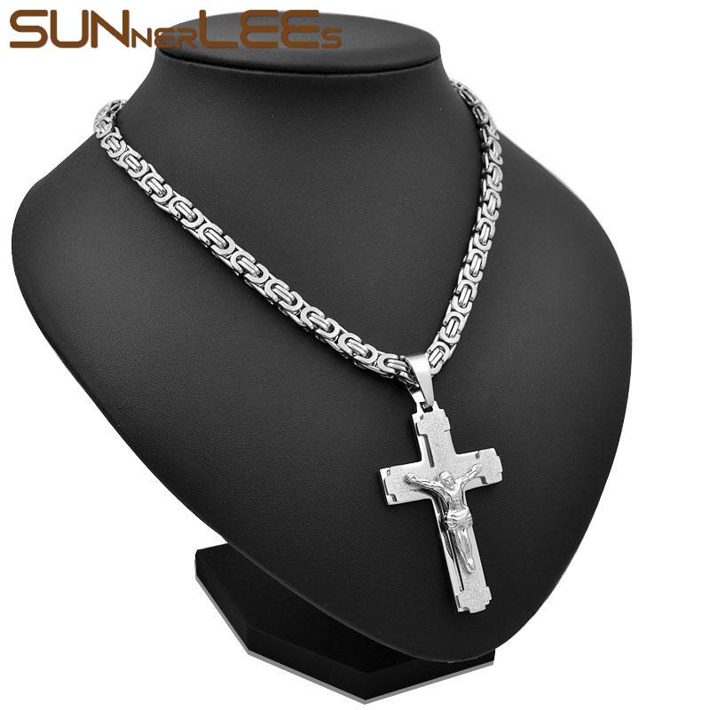 Collier pendentif croix Jésus Christ en acier inoxydable chaîne à maillons byzantin couleur argent plaqué or cadeau homme garçon Sp217