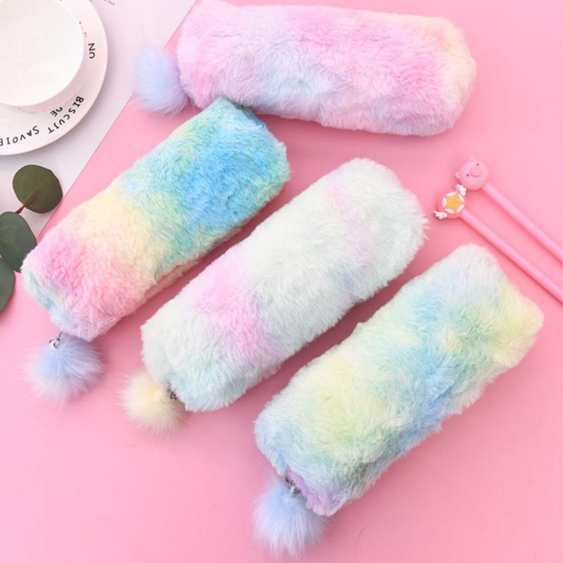 Plush Pencil Case For Girls Kawaii Gradient Color Stationery Storage Bag Zipper Pencil Bag School Office Pouch Purse Storage