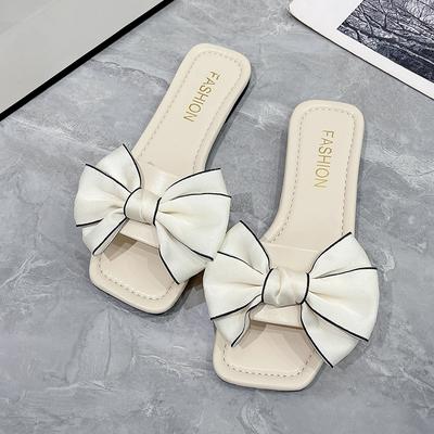 Fashion Summer New Bow Square Head Flat Slippers Women with A Word Sandals Anti-slip Wear-resistant Beach Shoes