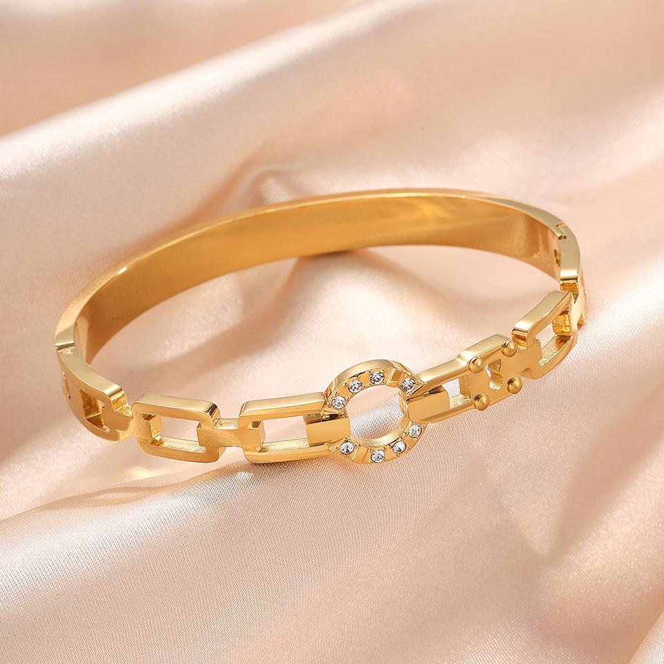Htpwe Stainless Steel Chain Inlaid Zirconium Floor Glossy Bracelet Women's 18k Gold Couple Holiday Gift Bracelet Daily Zircon