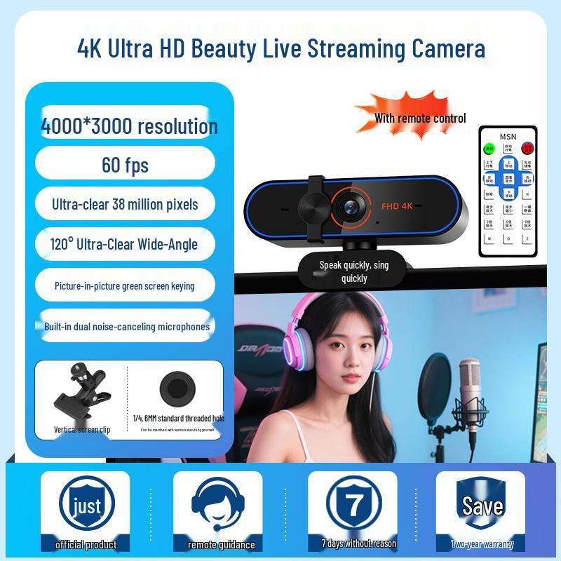 4K Ultra HD 60fps Streaming Camera with USB & Microphone for Desktop/Laptop