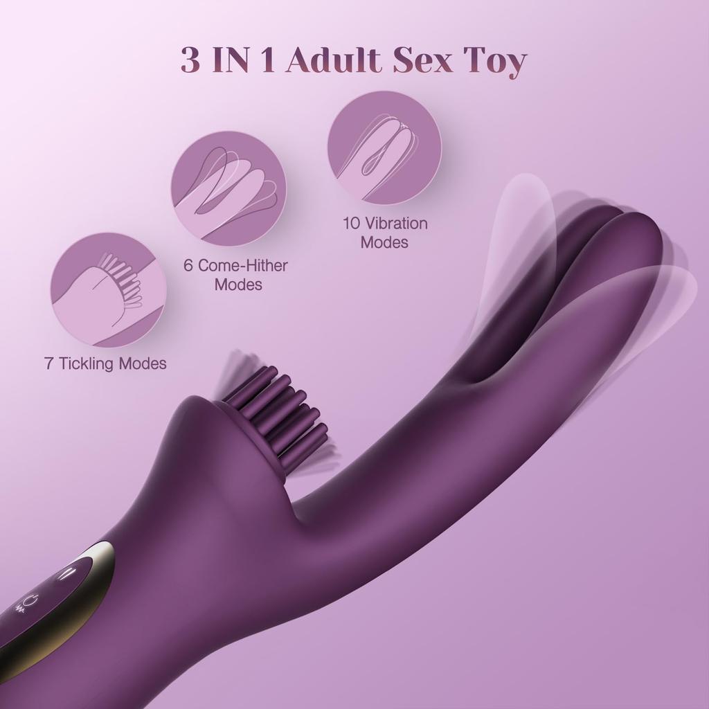 3 IN 1 Come-Hither Clitoral Tickling Rabbit Vibrator 10 Vibration Women Sex Toys for G Spot Clit Nipple Stimulation Masturbation