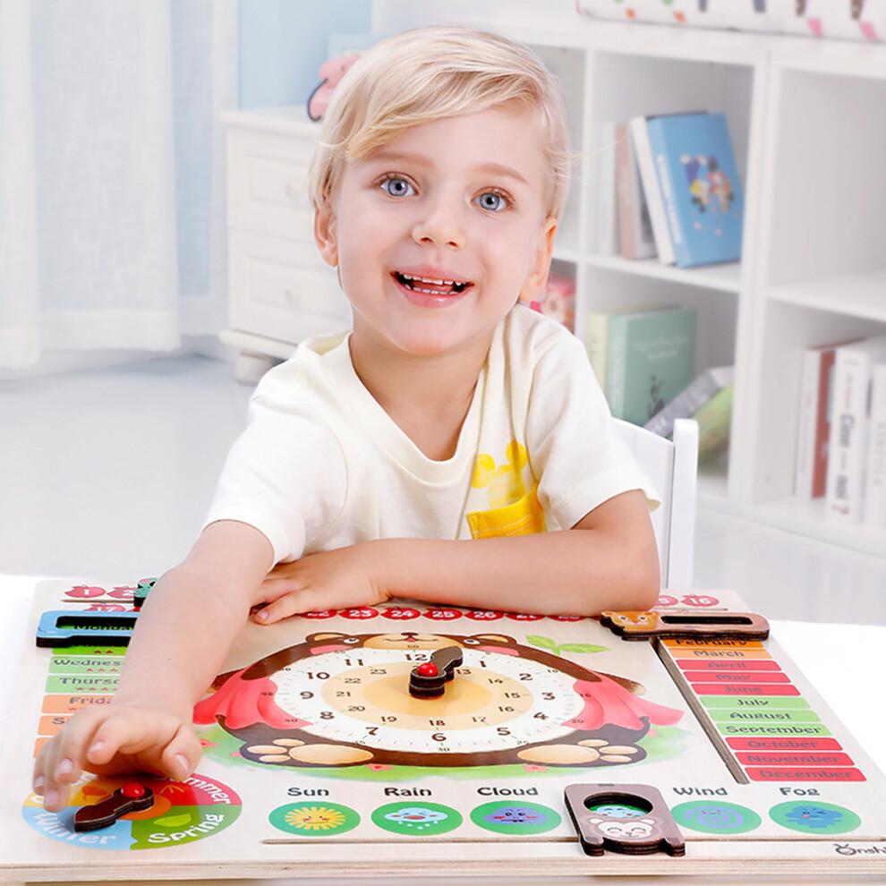 Kids Calendar Board Wooden Clock Toy Time Date