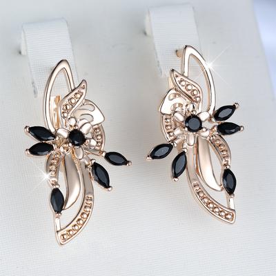 1 Pair Black Zircon Flowers Drop Earrings for Women Gold Color Wedding Ethnic Style Jewelry