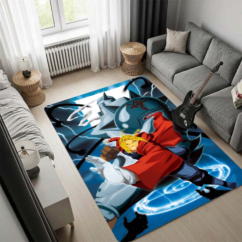 Fullmetal Alchemist Dark Anime Rug, Edward Elric Red Transmutation Circle Print Carpet, Black Red Game Room Floor Mat