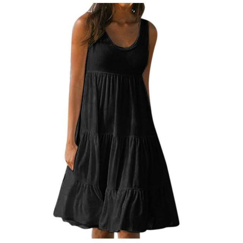 IHUASU Fashion Summer Spring Solid Color Print Sleeveless U-Neck Casual Dresses