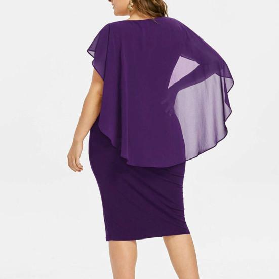 O-Neck Short Sleeve Chiffon Shawl Pleated Decor Women Dress Solid Color Plus