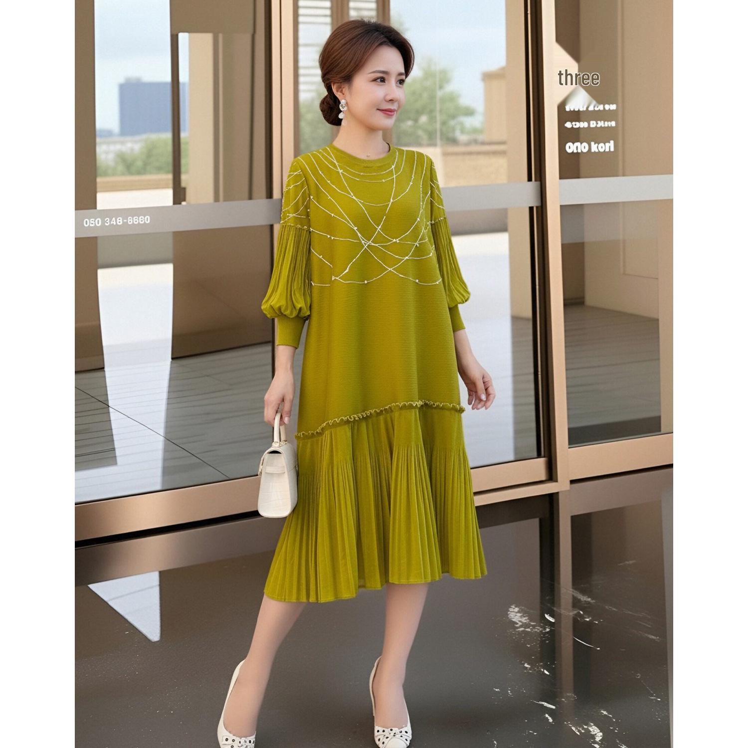 

Chic Green Pleated Dress - Spring 2026 Collection, Loose Fit, Plus Size, Age-Reducing Skirt for Women One Size гірчичний/жовтий