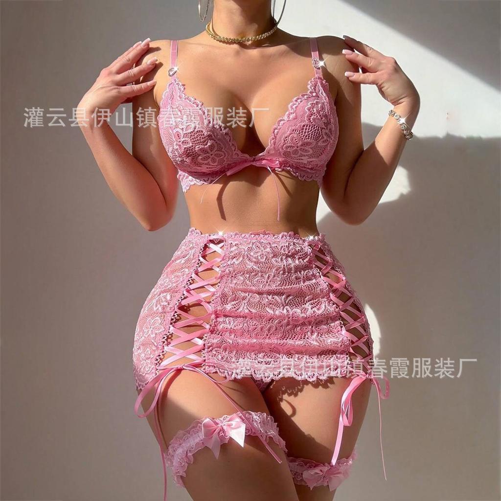 European and American bras, erotic underwear, women's sexy lace three-point hollow sexy pajamas