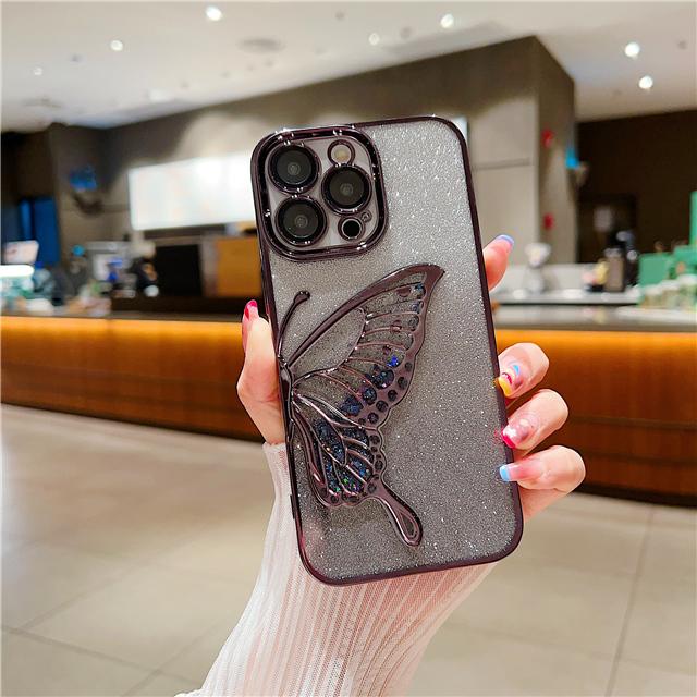 For iPhone 16E 15 Pro Max Fashion Glitter Butterfly Luxury Plating Frame Phone Case For iPhone 11 12 13 14 Plus Protective Cover