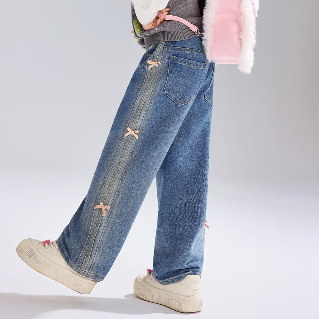 ASK JUNIOR Children's Clothing, Girls' Spring Pants, Loose Wide-Leg Jeans for Older Kids, Casual Trousers, Blue, Size 110
