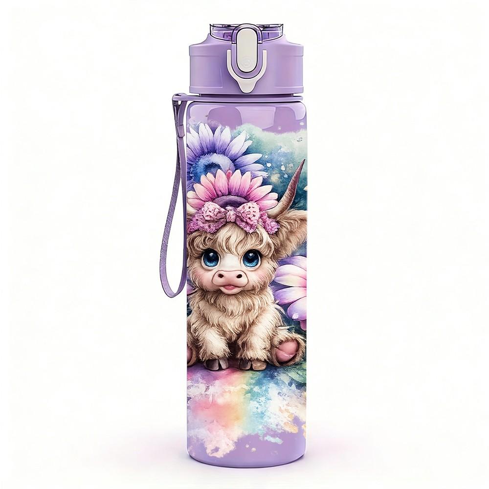 1PC Puppy Dog Mixed Flower Print 750ml Color Plastic Sports Water Bottle Leakproof Flip Straw Lid Suitable for Sports Office Home Use