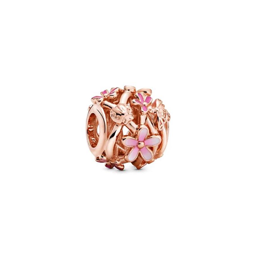 Sparkling Rose Gold Original Flower Charm Pink Daisy Flower Cherry Blossom Rose Flower Beads Fit Snake Bracelet DIY Jewelry Gift