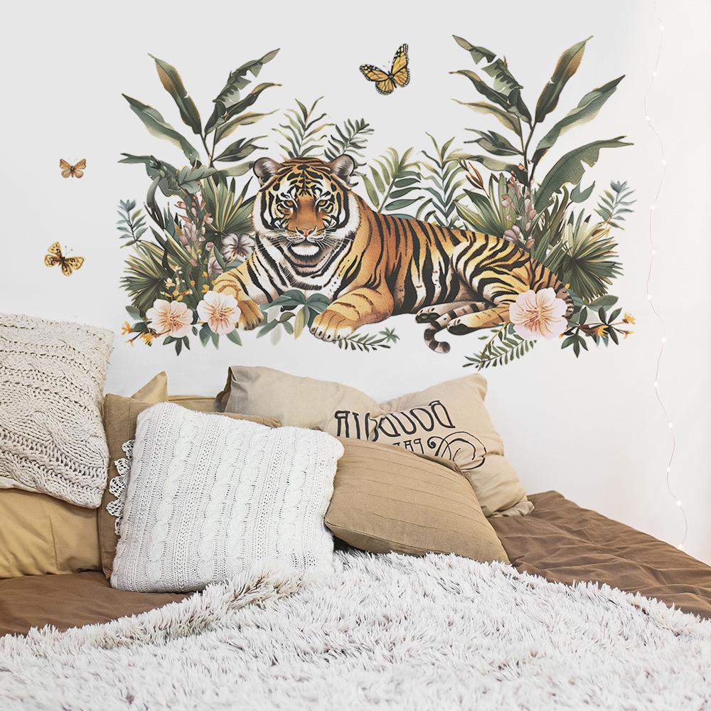 Majestic Jungle Tiger Butterfly Foliage Wall Sticker Self-Adhesive Removable for Bedroom Living Room Study Background Wall Decoration