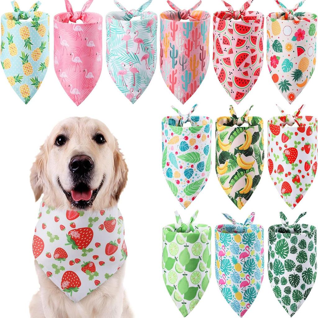 Weewooday 12 Pcs Large Dog Bandana Summer Scarf Hawaii Triangular Bibs Adjustable Washable Kerchief Pet Bandana with Fruit Leaves Patterns for Small