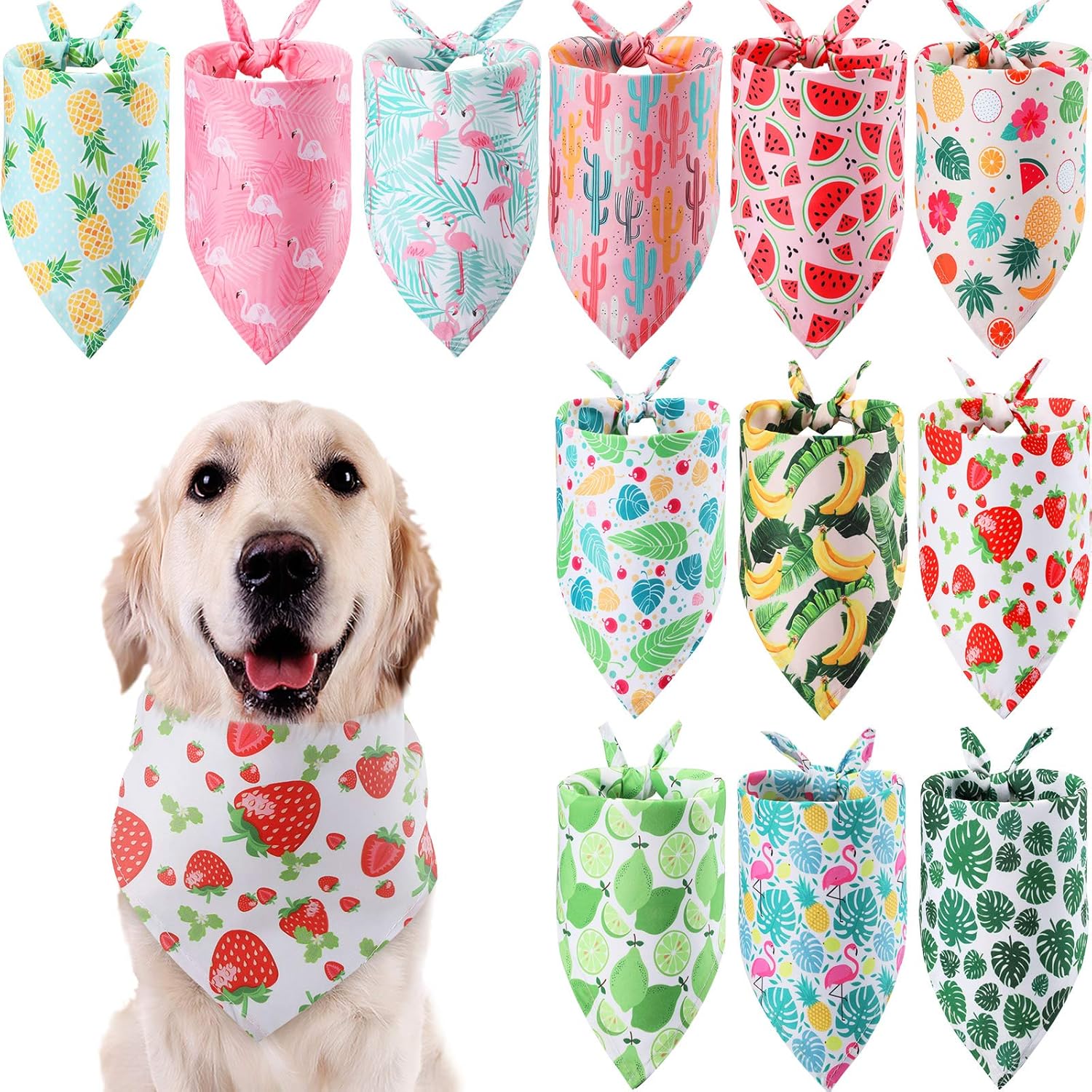 

Weewooday 12 Pcs Large Dog Bandana Summer Scarf Hawaii Triangular Bibs Adjustable Washable Kerchief Pet Bandana with Fruit Leaves Patterns for Small Fruit and Leaves Patterns