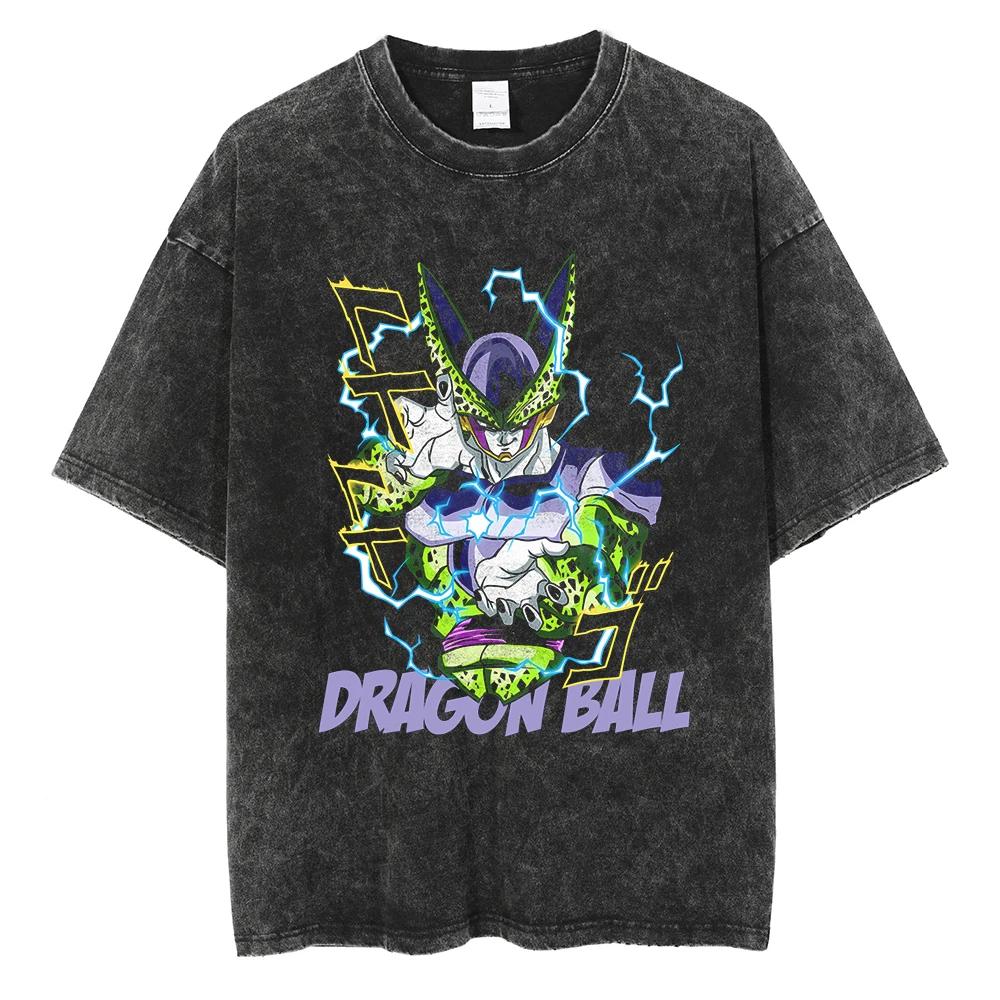 Men Streetwear Hip Hop Oversized T Shirt Dragon Ball Anime Graphic Washed Black T Shirt Loose Tshirt Cotton Harajuku Tops Tees