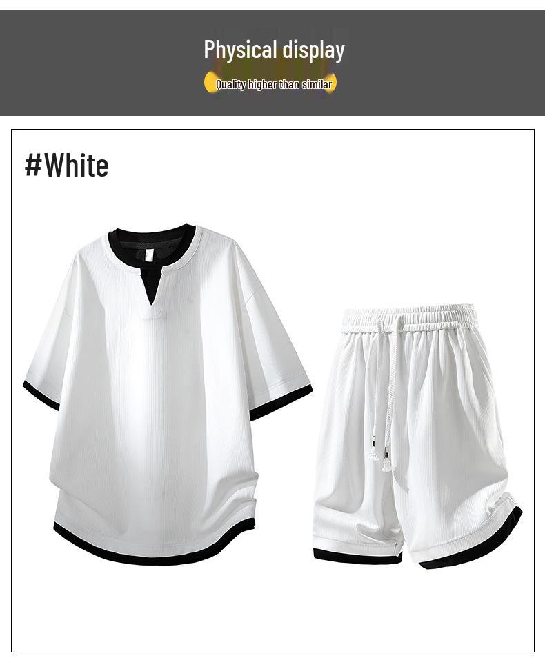 Trendy 2026 Men's Jacquard Sportswear Set: Faux Two-Piece T-Shirt & Shorts