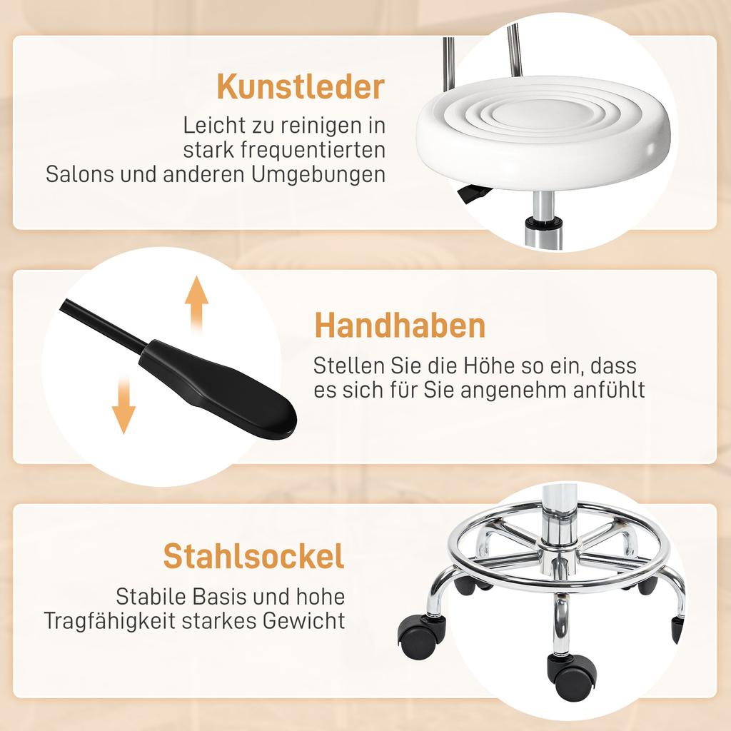 Rolling Stool, Swivel and Adjustable Stool with Backrest, Faux Leather Cover, Footrest, for Dressing Tables, White