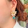 CMM Micro Paved Blue Cubic Zirconia Long Big Geometric Flower Drop Earrings Gold Color Bridal Dress Wedding Jewelry