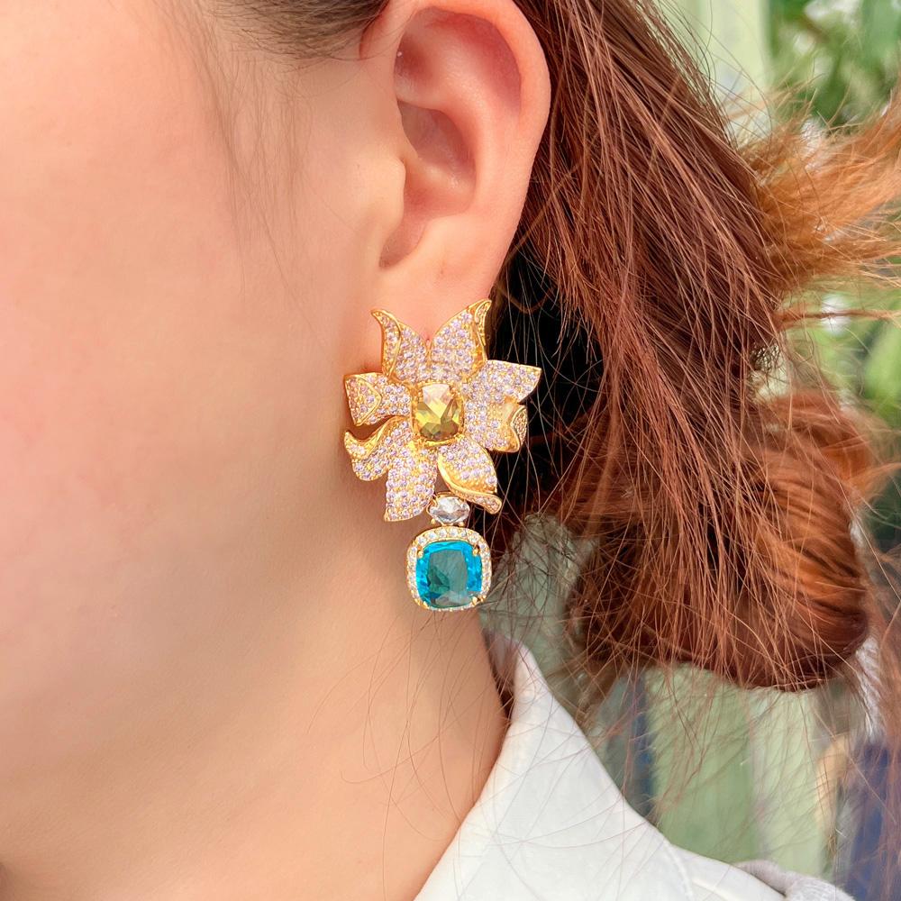 CMM Micro Paved Blue Cubic Zirconia Long Big Geometric Flower Drop Earrings Gold Color Bridal Dress Wedding Jewelry