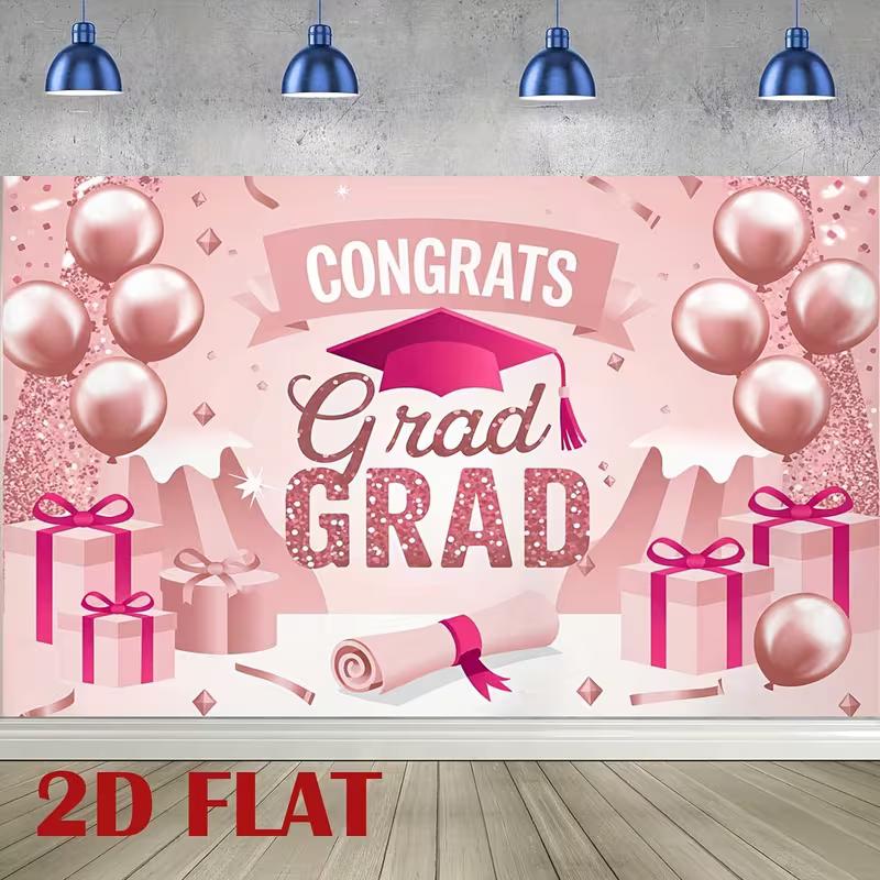 2D Pink Congrats Grad Graduation Party Backdrop 2D Glitter Pink Graduation Photo Booth Background