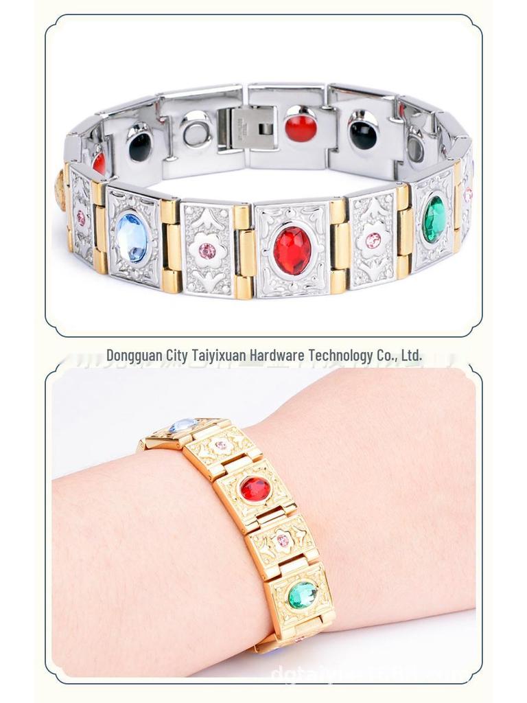 Men's Stainless Steel Magnetic Bracelet with Germanium & Diamond Elements, Titanium Steel, 106 Gemstones