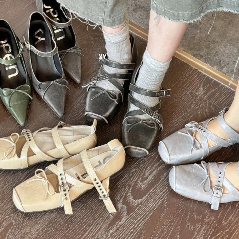 New Korean products! Bow square head shallow mouth ballet shoes women's 2025 summer new one-word buckle Mary Jane shoes