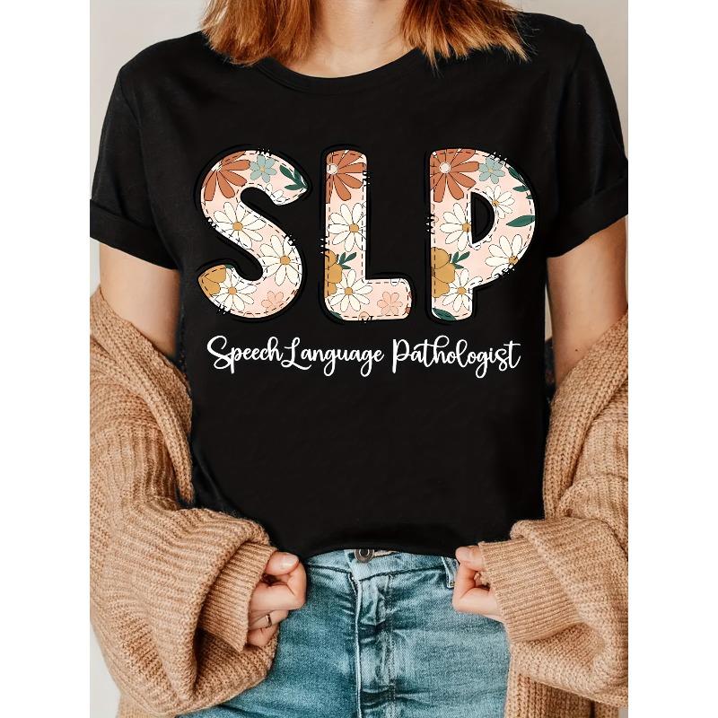 

SLP floral print women s T-shirt, casual round neck, breathable summer T-shirt, suitable for therapists | Floral print blouse | Mid-stretch fabric S чёрный
