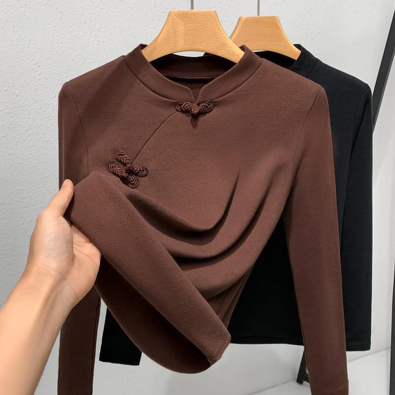 

Women s Retro Chinese Knot Stand-up Collar Slim Fit Long Sleeve Top XL кофейный