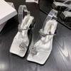 Women Slippers Casual Mules Square Mid Heels Round Toe Women Shoes Bright Crystal Flower Summer Slippers Plus Size