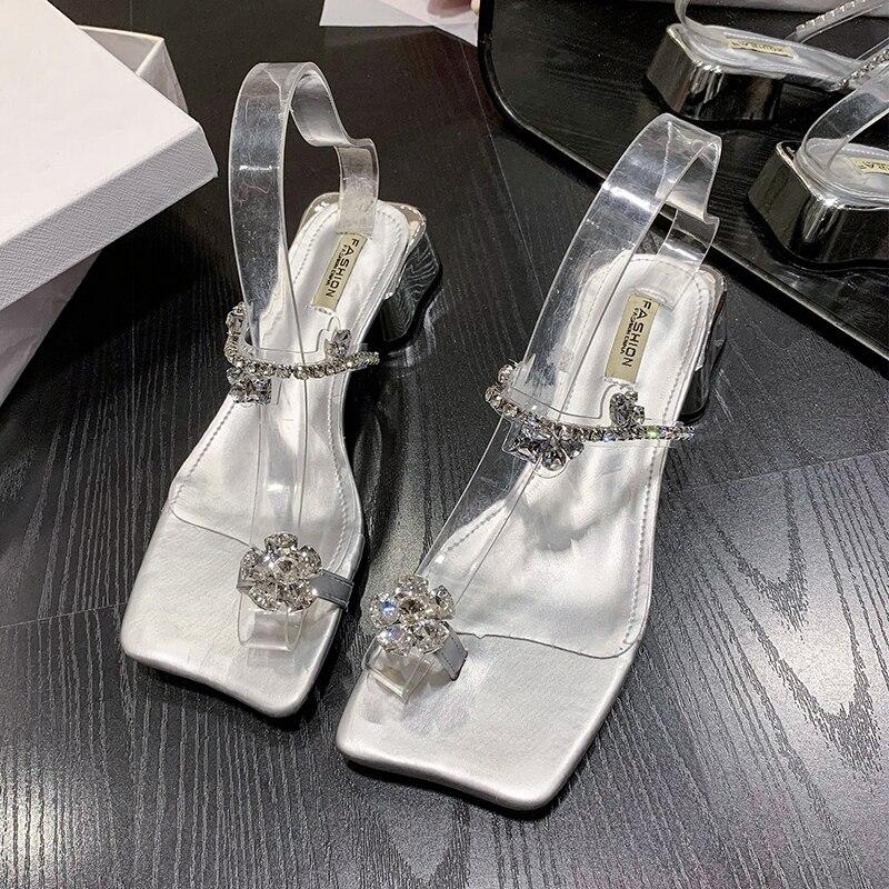 Women Slippers Casual Mules Square Mid Heels Round Toe Women Shoes Bright Crystal Flower Summer Slippers Plus Size