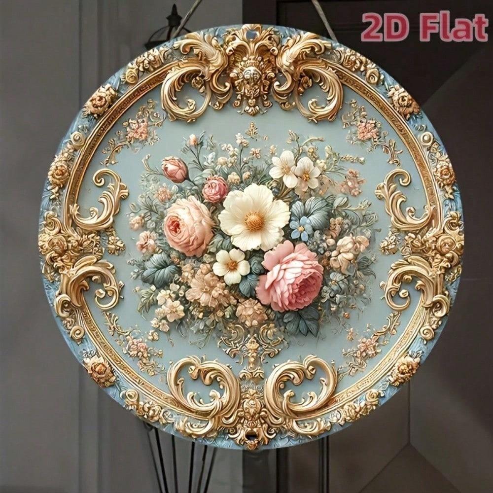LUXE DECOR Baroque 2D Floral Wooden Wall Art 8 Inch Round Pink Vintage Home Decor
