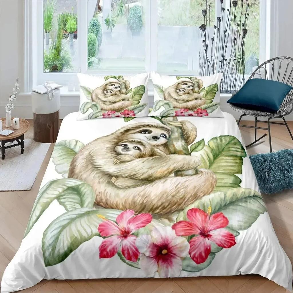 Kids Sloth Cute Animal Pattern Comfortable Duvet Quilt Cover Pillowcase Bedding Set Children Bedroom Decoration Home Textile