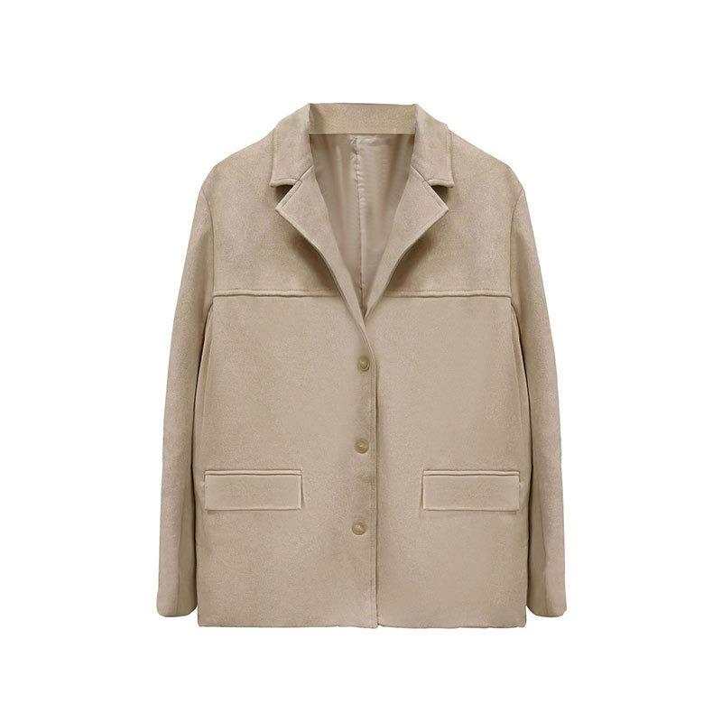 Коричневый замшевый ретро-жакет свободного кроя с лацканами, осенне-зимний женский костюм-майяр XS хаки