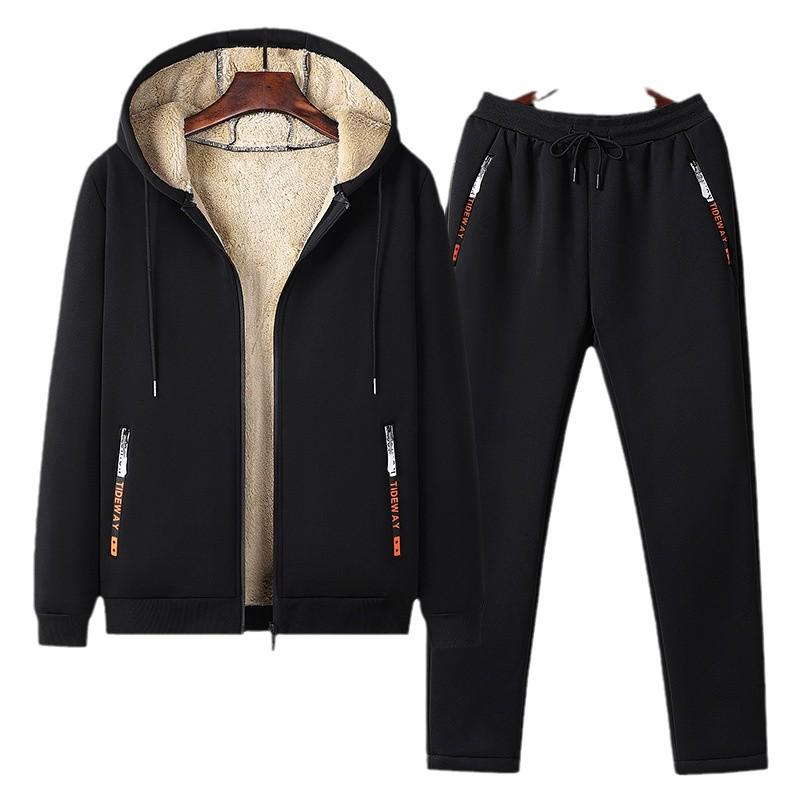 Men's Winter Fleece Lined Lambswool Coat and Pants Set - Outdoor Casual Sportswear, Plus Size Available
