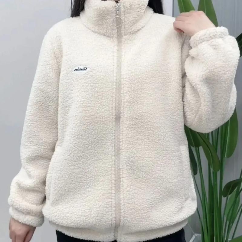 Dames Dikke Fleece Standkraag Jas Meerkleurig Warm Casual Herfst Winter Gezellige Buitenjas
