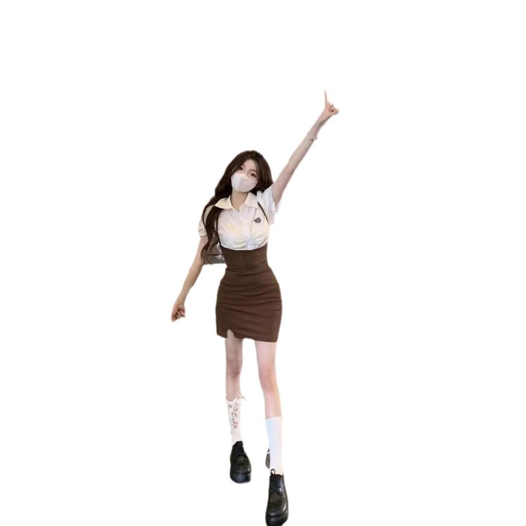 2026 Summer College Style Small Strap Skirt Waist Sweet Spice Girl Short Skirt Chic Skirt Fake Two-piece Dress