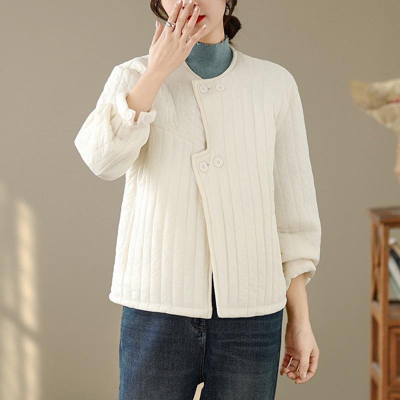 Available: Quilted Women's Korean-Style Loose Winter Jacket with Irregular Placket and Round Neck.