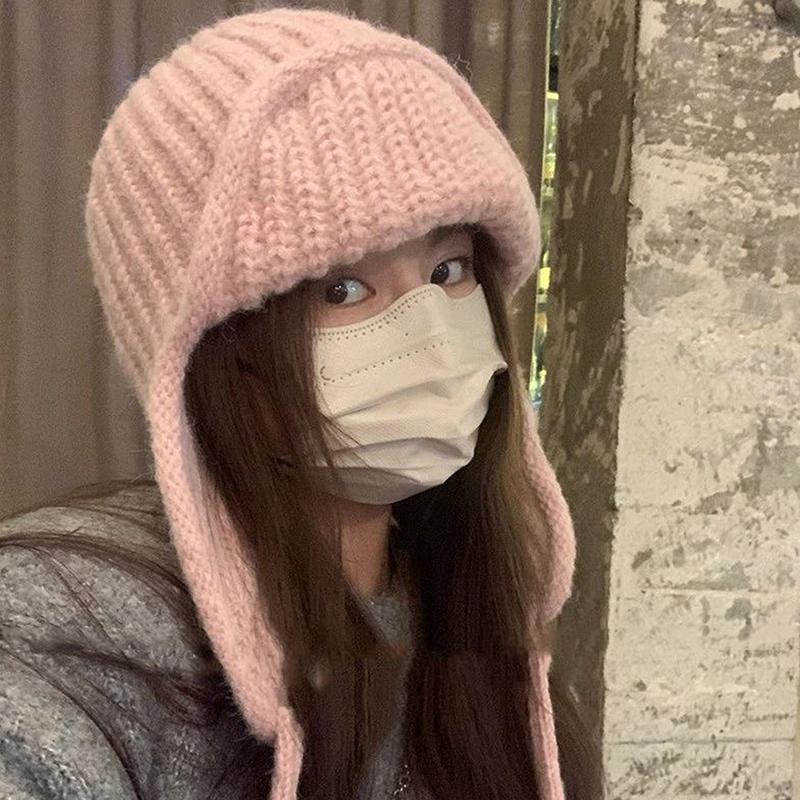 Ørebeskyttelse Strikkelue Vinter Varm Kuldebestandig Flylue Ensfarvet Ull Heklet Luer Koreansk Dame Beanie