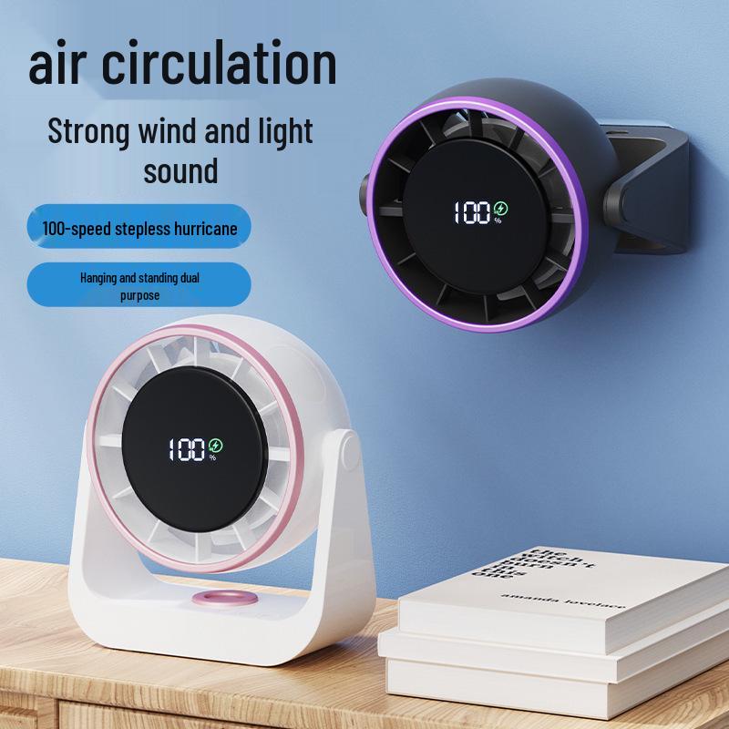 Wall-Mounted LED Rechargeable Fan with Digital Display for Dorm, Office, Home, Kitchen