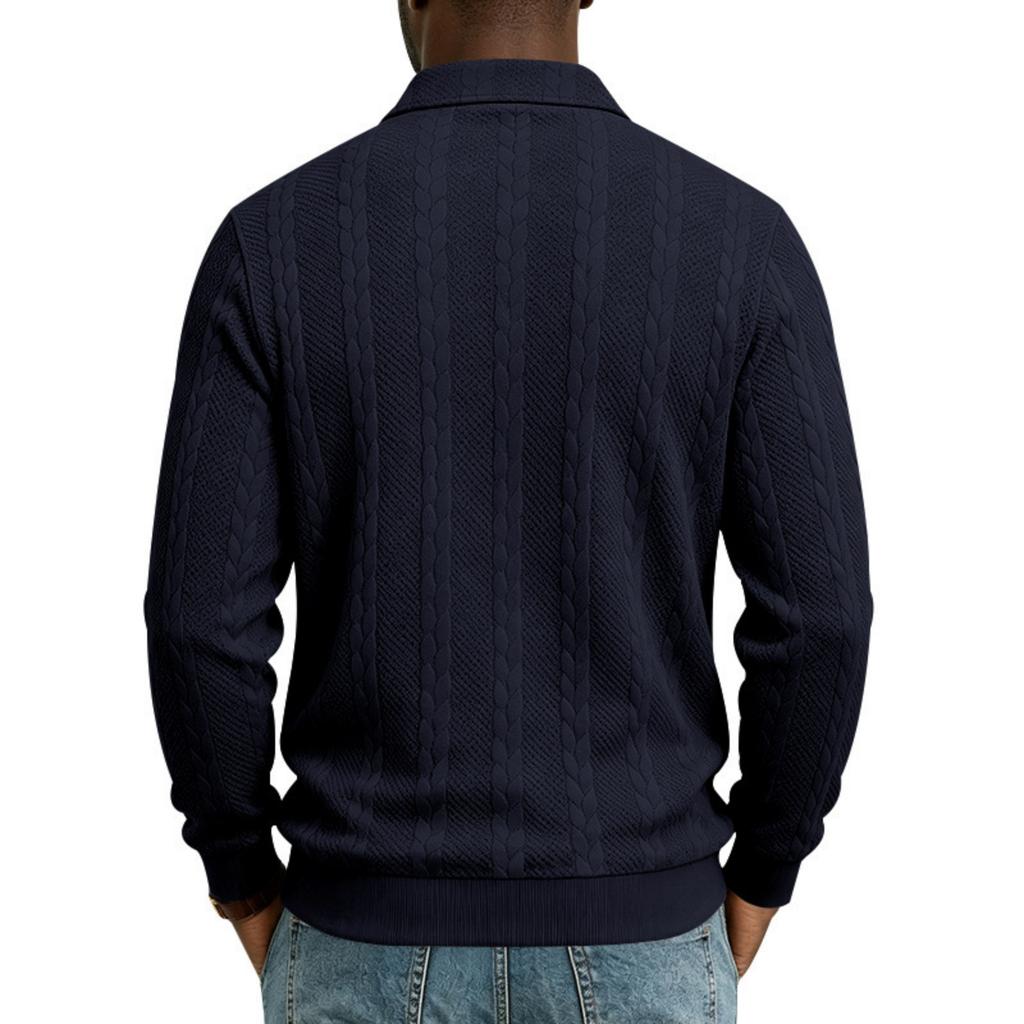 Men's Casual Cable Knit Long Sleeve Sweatshirt with 3-Button Collar
